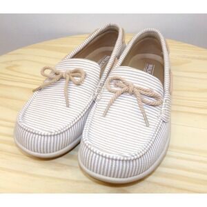 Walk Hero Boat Shoes Loafers Womens Tan‎ White Stripe Size 8 Comfort and Support